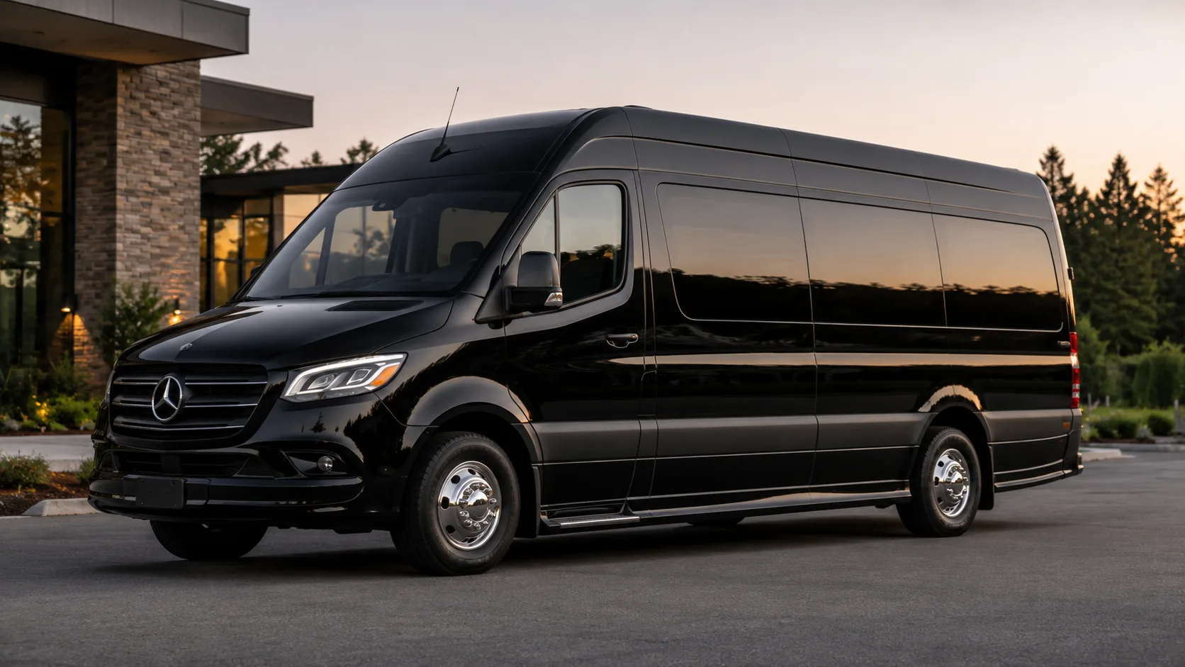 2025 executive Mercedes-Benz Sprinter in jet black with luxury lounge seating